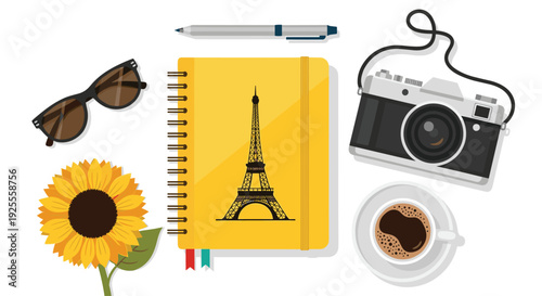 A yellow notebook featuring an Eiffel Tower graphic is surrounded by black sunglasses, a silver pen, a vintage camera, coffee, and a sunflower.