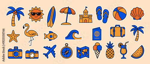 Summer Travel Essentials: A vibrant collection of travel icons, encompassing everything from sun-kissed beaches to thrilling adventures, encapsulates the essence of wanderlust.