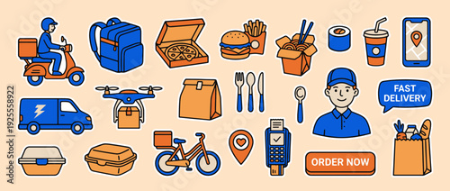 Delivery Delight: A vibrant collection of food delivery essentials, showcasing a diverse range of items from fast food to fresh groceries, all seamlessly brought to your door via various transport.