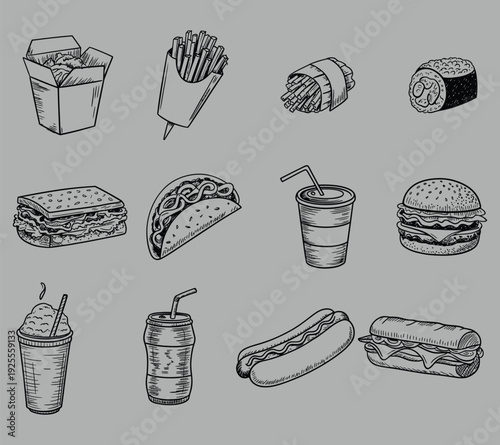 Hand Drawn Fast Food and Drink Icons illustrations.