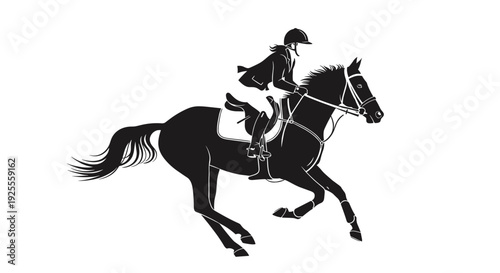 A black silhouette of a female rider sits atop a galloping horse with white outlines defining the horse features.