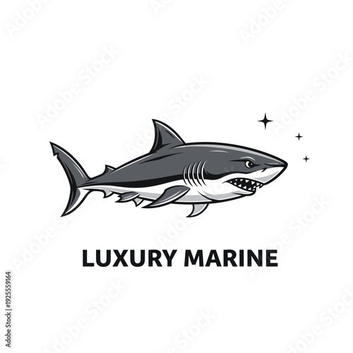 Aggressive gray shark mascot logo with sharp teeth and text