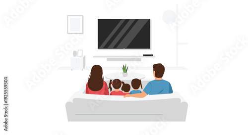 A man and woman sit with three children on a white sofa in a minimalist room while looking at a wall mounted television.