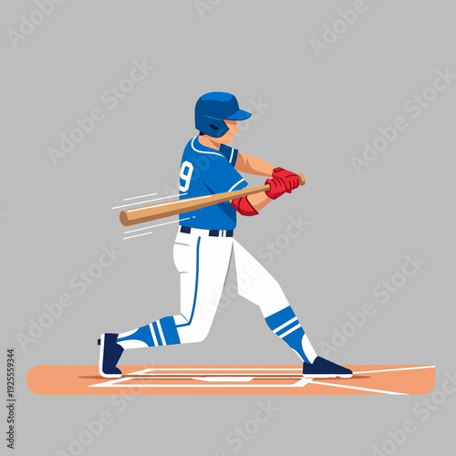 Baseball player swinging bat, action shot, sports illustration, dynamic movement, game day