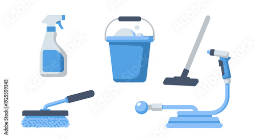 Modern flat vector illustration of essential blue and grey cleaning tools spray bottle soapy bucket floor mop car brush and coiled hose with nozzle.