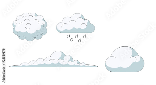 Set of four cartoon clouds in various shapes including fluffy rain long and simple puffy with blue shadows.