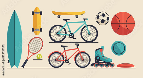 Active Lifestyle Sports Equipment Collection: Bicycles, Skateboards, Surfboard, Balls, Tennis