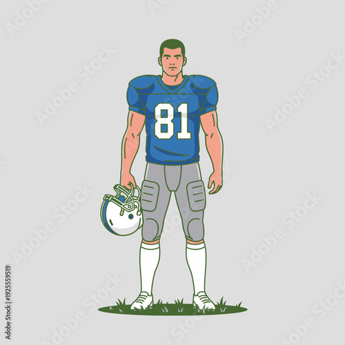 American Football Player in Blue Uniform Holding Helmet, Standing on Grass Field