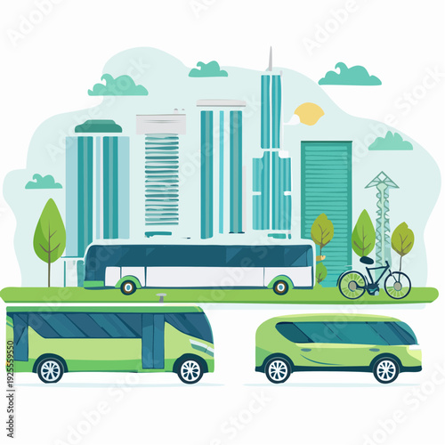 Eco-friendly public transportation system in a modern green city with buses and a bicycle