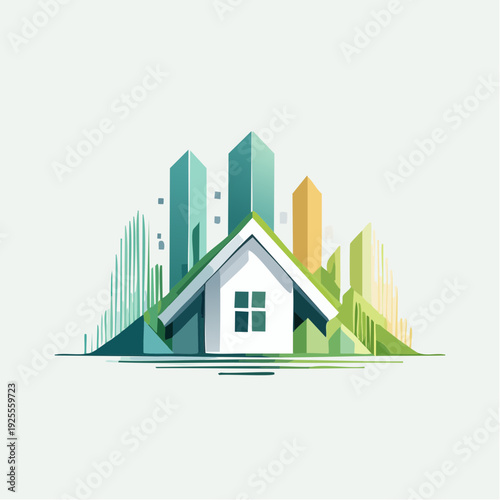 Modern abstract house icon against a colorful geometric city skyline for real estate business