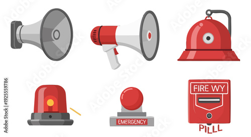 Vibrant cartoon emergency and warning system icons megaphones alarm bell flashing light and push button.