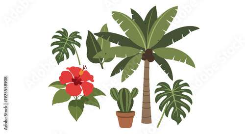 Vibrant flat illustration of tropical plants palm tree hibiscus flower monstera leaves and potted cactus.