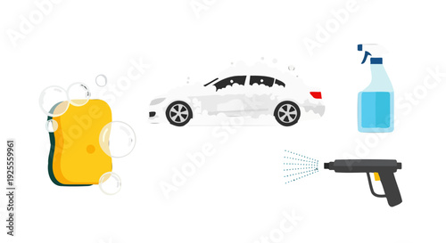Car washing tools and supplies illustration with a sudsy white car.