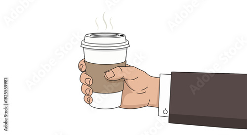 Cartoon Hand Holding Steaming Disposable Coffee Cup with Brown Sleeve and Suit Cuff.