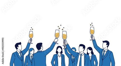 A group of business people in blue suits raise their champagne glasses in a collective toast of celebration against a white background.