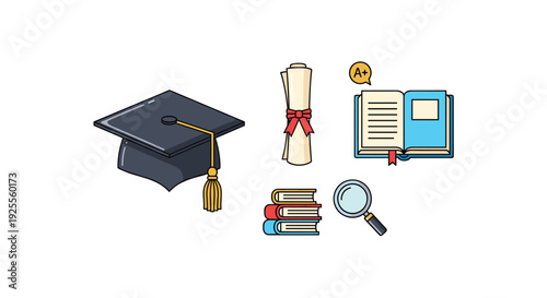 A black graduation cap with a gold tassel is displayed alongside a diploma scroll and various school supplies on a plain white background.