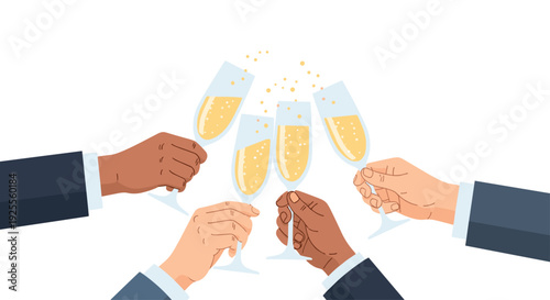 Four hands of diverse skin tones wearing business suits raise glasses of sparkling champagne for a celebratory toast against a white background.