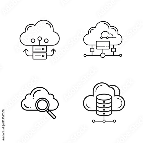 Cloud Server and Data Storage Line Icon Set