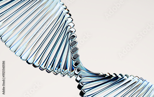 High Tech Glass DNA Double Helix Close Up with Blue Iridescent Reflections on Neutral Background
