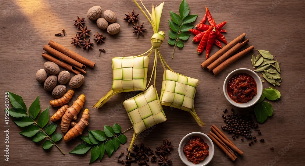 Fototapeta premium Ketupat Rice Cakes Surrounded by Spices and Herbs on a Wooden Table.