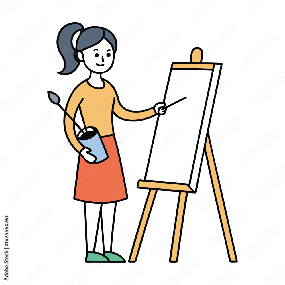 Fototapeta premium A creative woman paints on a canvas in her cozy art studio, surrounded by brushes, colors, and soft light, fully focused as imagination flows into a vibrant masterpiece. 