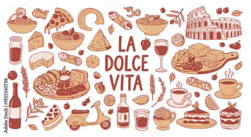 La Dolce Vita Italian food and drink collage with Rome landmark