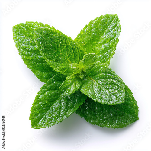 Fresh Green Mint Leaves with Water Droplets Isolated on White Background