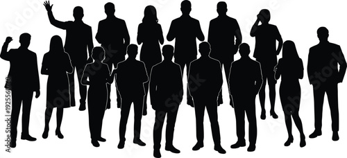 Business people silhouettes group, professional team crowd, corporate workforce standing together, leadership diversity concept, office colleagues isolated on white background