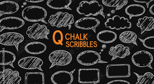 Chalk scribbles on blackboard with speech bubbles