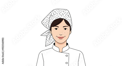 A smiling woman wearing a white professional chef uniform and a patterned headscarf stands against a white background.
