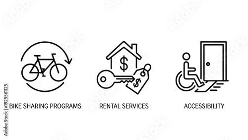 Collection of line icons: Bike sharing programs, rental services with house and money, and accessibility with wheelchair user.
