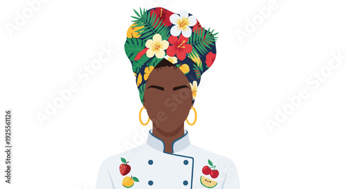 A Black woman in a white chef coat with fruit icons wears a vibrant tropical floral headwrap and gold hoop earrings.