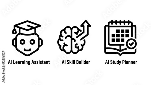 Icons for AI-powered education tools: AI learning assistant, AI skill builder, and AI study planner, for future learning and technology concepts.