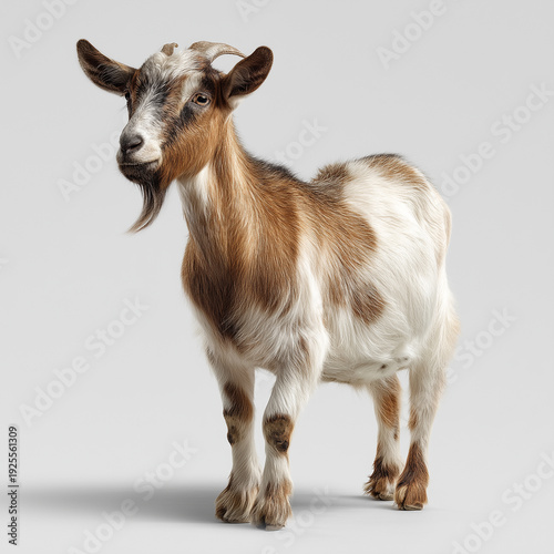 Brown and White Goat Standing Isolated on Light Background