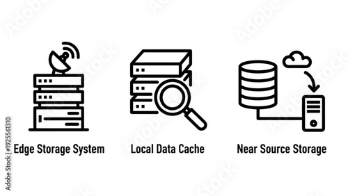 Icons for edge storage, local data cache, and near source storage systems, illustrating distributed data management and accessibility.
