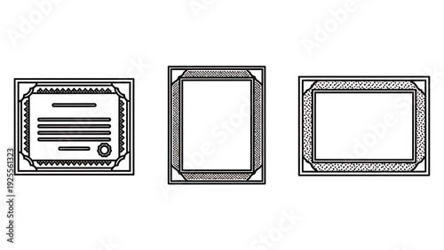 Framed certificate and blank award document icons representing achievement, recognition, and official documentation.