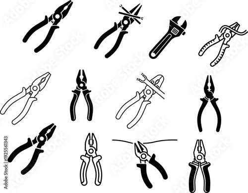 Essential Hand Tools Vector Icons Collection: Pliers, Wire Cutters, and Adjustable Wrench for DIY, Construction, Repair & Electrical Projects