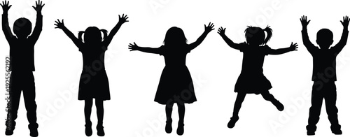 Happy children silhouette illustration set showing kids jumping and playing together joyful childhood activity black vector isolated on white background