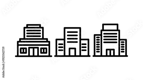 Modern Building Icons: Three different office skyscrapers representing corporate architecture, real estate, and business districts in a clean, minimalist style.