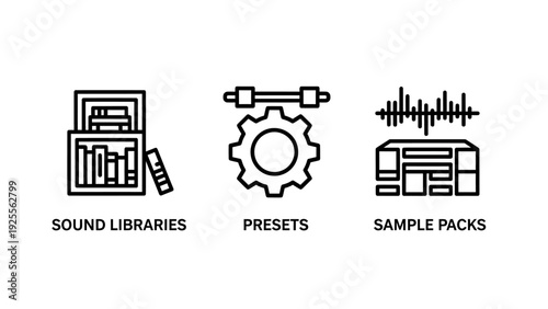Music Production Icons: Bookcase with records, gear mechanism, and sound waves representing sound libraries, presets, and sample packs for audio creation.