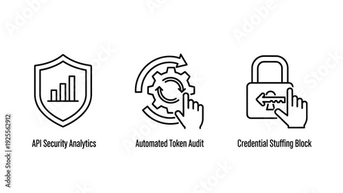 Set of security icons: shield with graph for API analytics, gear with hand for token audit, and padlock with key for credential blocking.