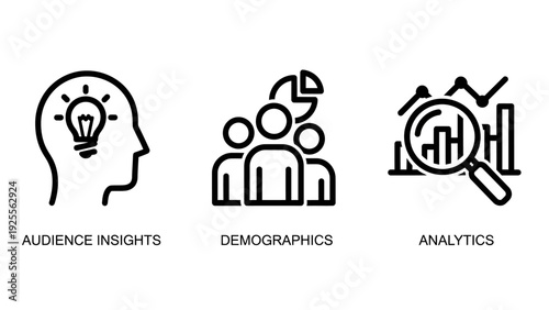 Icons for market research: head with lightbulb for audience insights, group of people for demographics, and magnifying glass over charts for analytics.