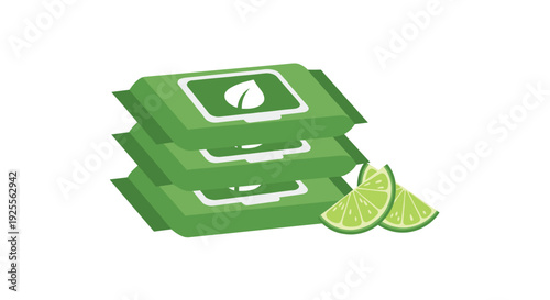 A stack of three green wet wipe packages with white leaf logos sits next to two fresh lime slices on a white background.