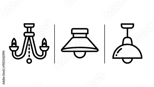 Set of three line art icons representing different types of lighting fixtures: chandelier, ceiling lamp, and pendant light.