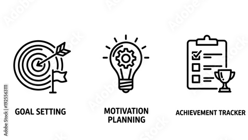 Business icons for goal setting with a target, motivation planning with a lightbulb, and achievement tracking with a trophy.