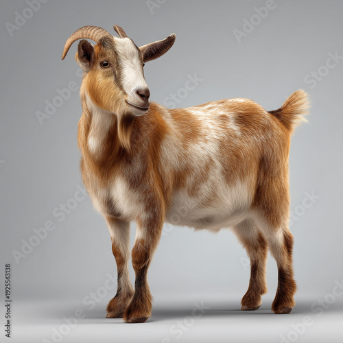 Brown and White Goat Standing Isolated on Light Background
