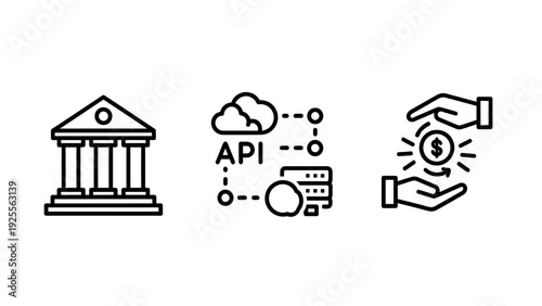 Financial Services, API Integration, and Secure Transactions Icons: Representing Banking, Cloud Computing, and Money Exchange