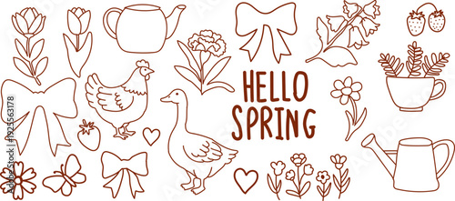 Vintage hand drawn Hello Spring doodle set in cute cottagecore line art style. Flowers, goose, chicken, watering can, teapot, bows and strawberry. Vector outline illustration.