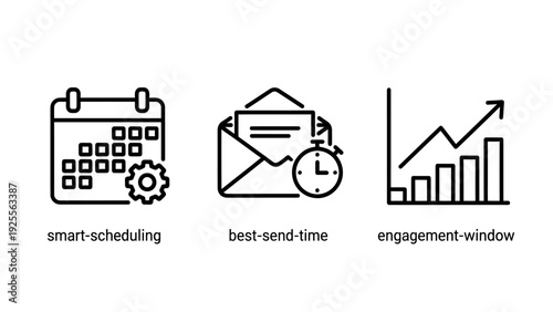 Icons for smart scheduling, best send time, and engagement window, illustrating marketing automation and effective communication strategies.