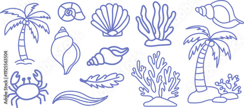 Hand drawn doodle beach for summer tropical seashell coral crab palm tree set perfect for summer designs, t-shirts, posters, and placard prints.